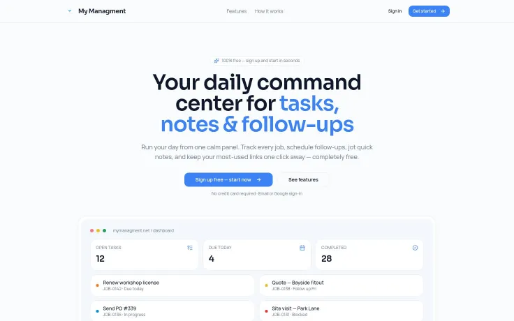 My Managment - Your daily command center for tasks, notes & follow-ups