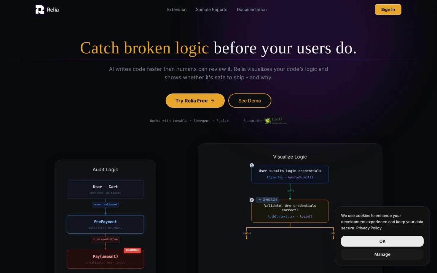 Relia :- The Trust and Safety Layer for AI-generated software.